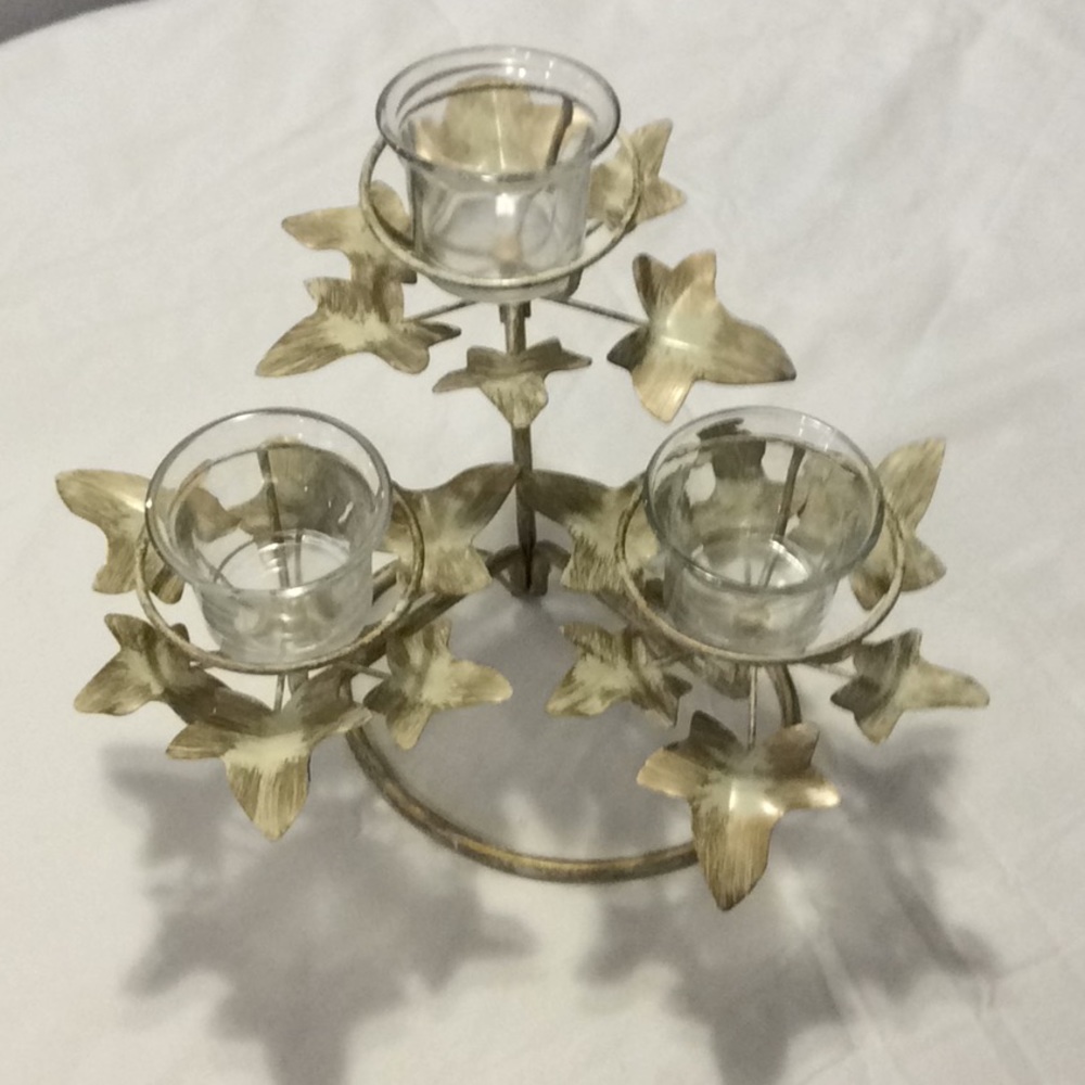Leaf Tea Lite 3 Votive Candle Holder Cream white with gold